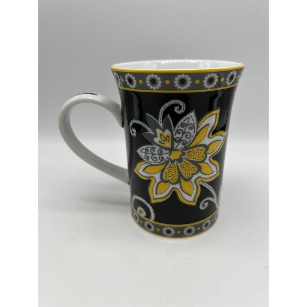 Vera Bradley Coffee Mug Yellow Bird Flower 4" Black and Yellow - Picture 2 of 5